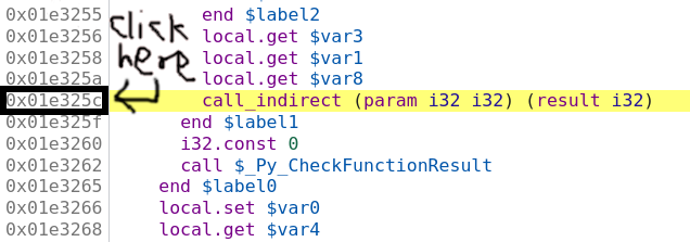 Wasm call_indirect instruction showing expected signature